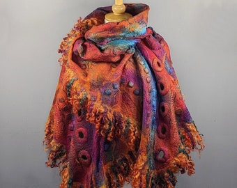 Felted silk scarf, Nuno Felted scarf, wool wrap shawl, felt scarf, orange pink scarf, silk scarf, blanket wool scarf, gift for her