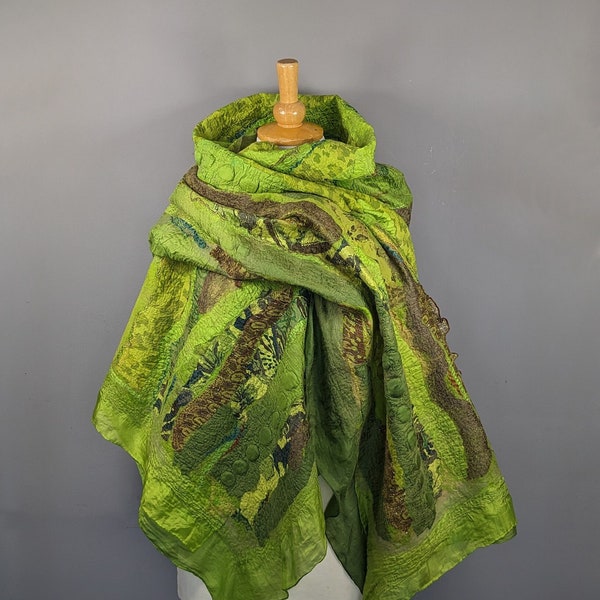 Felted silk scarf, Nuno Felted scarf, wool wrap shawl, felt scarf, green scarf, silk scarf, blanket wool scarf, gift for her