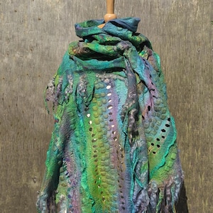 Nuno Felted Merino Wool Scarf: Green Silk Wrap Shawl
