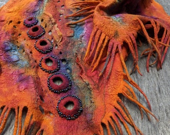 Nuno Felted Silk Scarf: Merino Wool Collar, Orange Pink Fringe