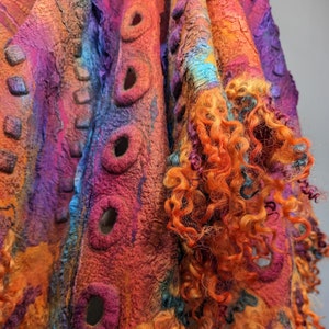 Felted silk scarf, Nuno Felted scarf, wool wrap shawl, felt scarf, orange pink scarf, silk scarf, blanket wool scarf, gift for her image 4