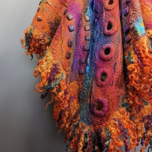 Felted silk scarf, Nuno Felted scarf, wool wrap shawl, felt scarf, orange pink scarf, silk scarf, blanket wool scarf, gift for her image 1