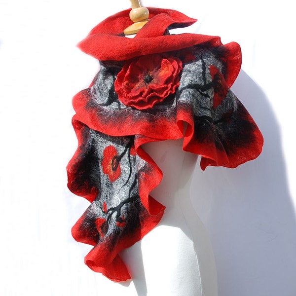 Felted scarf  felt ruffle scarf  Red Poppy  nunofelt  felted flower felt scarf  alpaca wool y grey black red