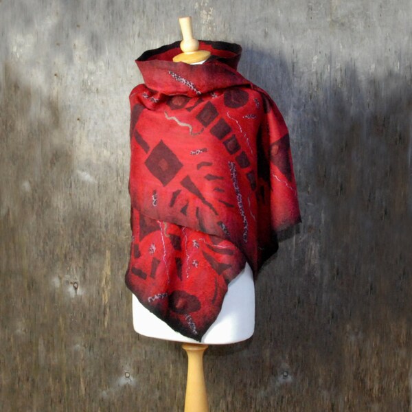 Felted scarf nuno felted shawl felt scarf merino wool silk black red  felted art  winter wool scarf