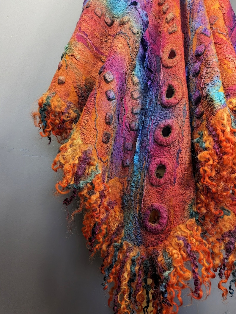 Felted silk scarf, Nuno Felted scarf, wool wrap shawl, felt scarf, orange pink scarf, silk scarf, blanket wool scarf, gift for her image 1