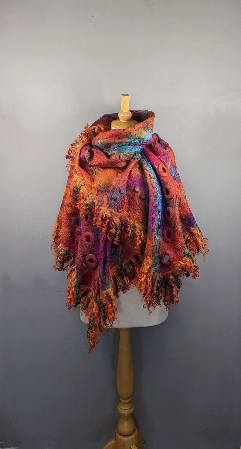 Felted silk scarf, Nuno Felted scarf, wool wrap shawl, felt scarf, orange pink scarf, silk scarf, blanket wool scarf, gift for her image 2