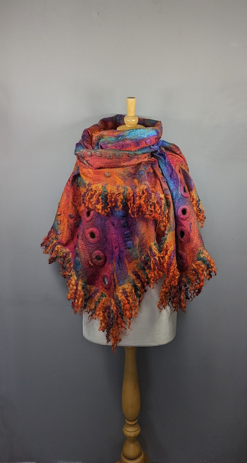 Felted silk scarf, Nuno Felted scarf, wool wrap shawl, felt scarf, orange pink scarf, silk scarf, blanket wool scarf, gift for her image 3