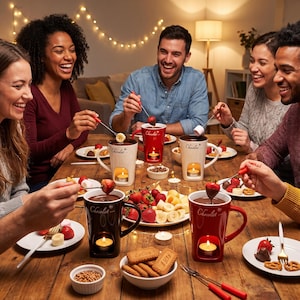 Peut inclure: Une collection de tasses à fondue en céramique rouge, blanche et noire, chacune portant le mot Chocolat imprimé sur le côté. Ces tasses comprennent une ouverture à la base pour une bougie chauffe-plat et sont disposées sur une table en bois.