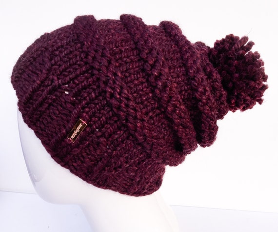 Handmade Knit Slouchy Pom Pom Hat: Burgundy Lambswool Blend