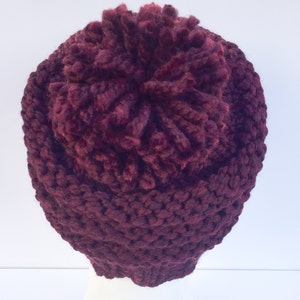 May include: A burgundy knitted beanie with a large pom pom on top.