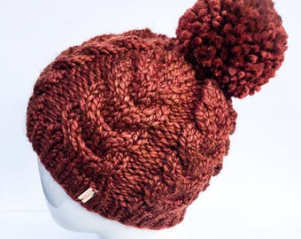 Chunky Cable Knit Hat, Knit Hat, Cable Knit, Knit Slouchy Hat, Winter Hat, Women's Hat, Gifts under 30, Pom Pom, Rust, Spice