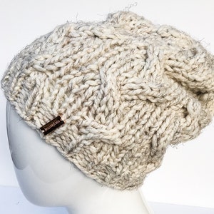 Hand Knit, Cable Knit Slouchy Hat,Women&#39;s Accessories, Men&#39;s Accessories, Unisex Hats, Christmas Gifts, Gifts under 30, Wheat, Cream , Tweed