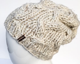 Hand Knit Cable Knit Slouchy Hat: Cream Tweed