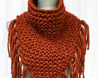 Hand Knit Fringed Poncho Scarf - Spice Orange Rust