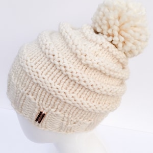 Knit Slouchy Hat with Pom Pom , Knit Hat Pom Pom, Women&#39;s Hat with Pom Pom, Winter Hat, Cream, Beige, Christmas Gifts, Gifts under 30
