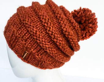 Knit Slouchy Hat with Pom Pom , Knit Hat Pom Pom, Women's Hat with Pom Pom, Knit Hat, Christmas Gifts, Gifts under 30, Orange, Spice