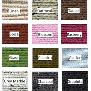 May include: A color chart of yarn samples with names like Fisherman, Wheat, Linen, Oatmeal, Taupe, Barley, Citron, Pumpkin, Apricot, Spice, Blossom, Raspberry, Cranberry, Claret, Fig, Lemongrass, Grass, Cilantro, Glacier, Sky Blue, Denim, Cobalt, Navy, Grey Marble, Charcoal, Graphite, Black. The chart is labeled "Justa Guy Knits".