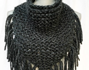 Hand Knit Poncho Scarf: Graphite Fringed Winter Shawl