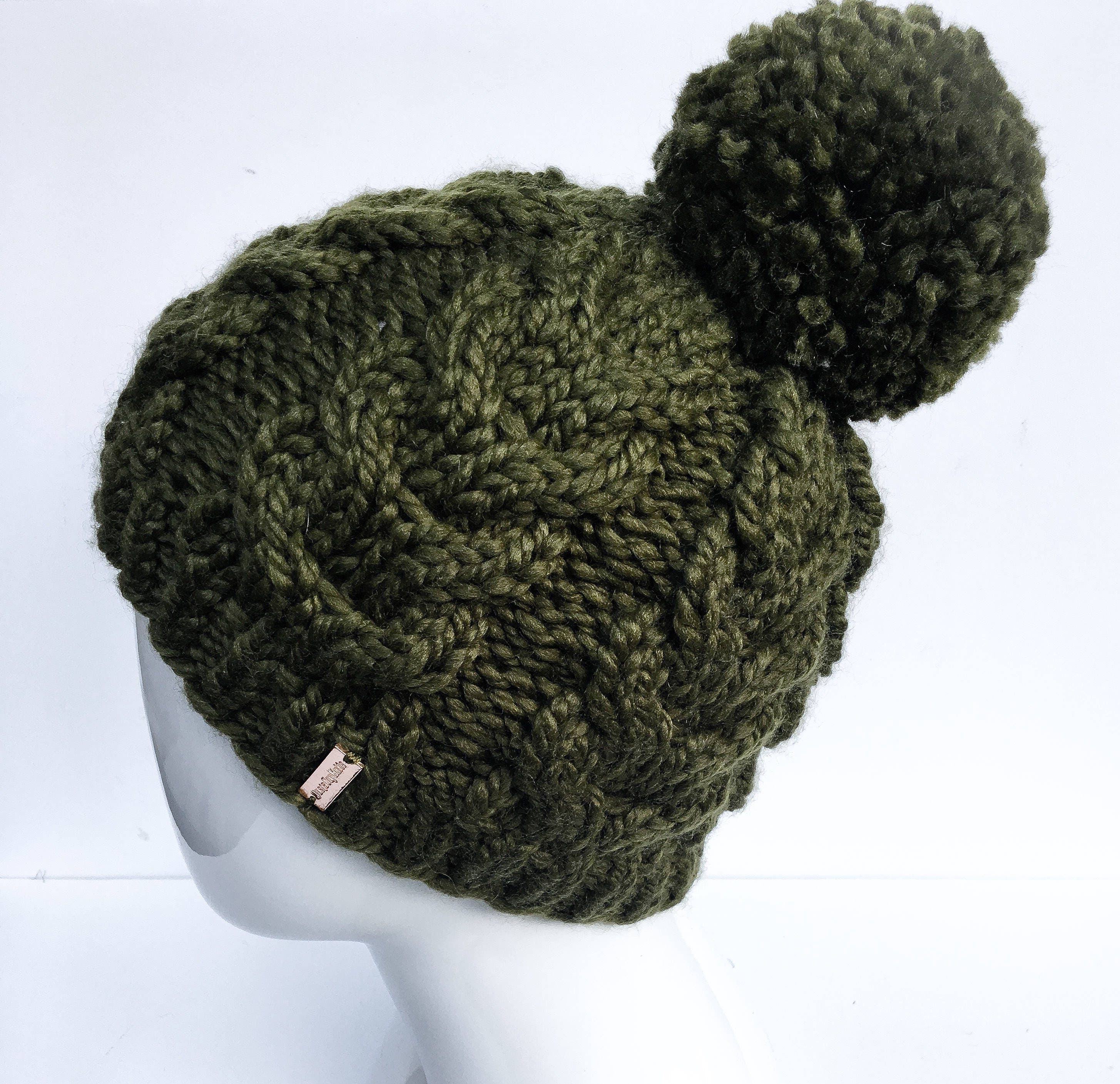 Women’s olive green Winter Ribbed Beanie Hat Chunky Cable Knit Pompom Warm Khaki Green Cable Pom Knitted Hat | Oliver Bonas main image 3