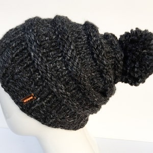 Knit Slouchy Hat with Pom Pom , Knit Hat Pom Pom, Women&#39;s Hat with Pom Pom, Knit Hat, Charcoal, Dark Grey, Christmas Gifts, Gifts under 30