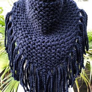 Hand Knit Poncho, Knit Scarf, Fringed Scarf, Women’s Accessories, Winter Accessories, Gifts under 30, Christmas Gifts, Navy, Blue