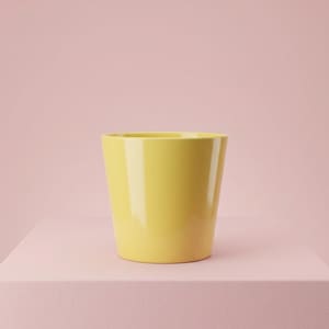 May include: A bright yellow, smooth, cylindrical plant pot with a slightly tapered base and a wide, open top. The surface of the pot has a glossy, reflective finish that catches the light, creating a clean and simple appearance for this container.