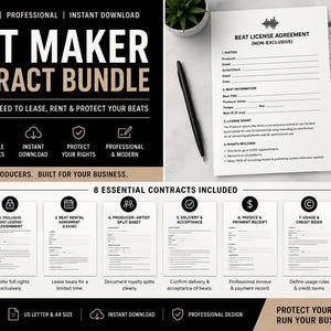 May include: A Beat Maker Contract Bundle featuring eight editable PDF templates for music producers. The document set includes a Beat License Agreement, split sheets, and invoices, displayed with a black pen and a small green plant.