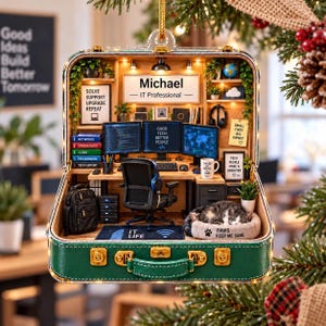 Personalisierter Kofferanhänger für IT-Profis, Diorama mit individuellem Namen für technisches Setup, Erinnerungsstück für Programmierer, Weihnachtsgeschenk für Software-Ingenieure