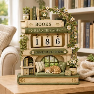 May include: A decorative tabletop calendar featuring a stack of books with the text BOOKS and READ THIS YEAR, a flip-style counter showing 186, and a sign reading CHLOE'S BOOK CORNER. It includes a sleeping orange tabby cat, floral vines, and potted plants.