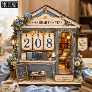 Può includere: Un modello di libreria in miniatura con una struttura in legno blu, un'insegna con scritto BOOKS READ THIS YEAR e un bancone che mostra il numero 208. Include un'insegna sospesa The Reading Nook, decorazioni floreali blu e una lavagnetta.