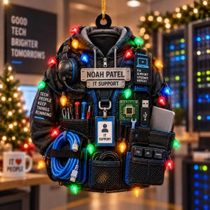 May include: A black hoodie ornament decorated with colourful Christmas lights, featuring a name tag reading NOAH PATEL IT SUPPORT, a headset, a coiled blue ethernet cable, a circuit board, a USB drive, and pockets containing small tools.
