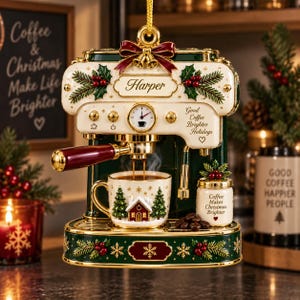 以下が含まれることがあります： クリーム色とダークグリーンのエスプレッソマシン型クリスマスオーナメント。赤いリボン、ヒイラギの装飾、時計の文字盤、Harperという名前が特徴です。下部には小屋と木が描かれたカップと、Coffee Makes Christmas Brighterと書かれた小さな瓶が置かれています。