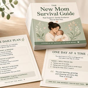 May include: A stack of booklets titled The New Mom Survival Guide featuring an illustration of a parent holding a baby, alongside two printed cards titled Gentle Daily Plan and One Day At A Time with checklists and encouraging text.