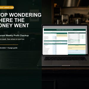 Könnte beinhalten: Ein Laptop mit einer Restaurant Weekly Profit Calculator Tabelle. Der Text auf dem Bildschirm lautet: Restaurant Owner Tool, Stop Wondering Where The Money Went, Restaurant Weekly Profit Checkup, Enter one week. See where to look first. Excel calculator + 8-page guide.