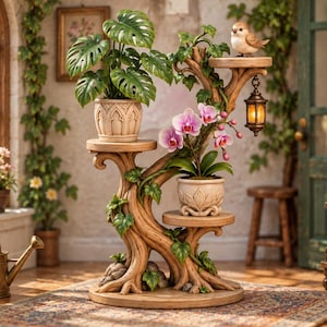 May include: A multi-tiered plant stand sculpted to resemble a tree trunk with textured bark, featuring three circular platforms holding a monstera plant, a pink orchid, and a small bird figurine, plus a hanging lantern with a warm glow.