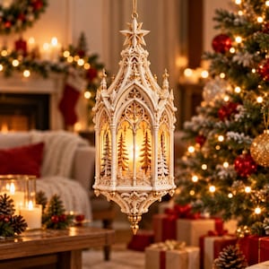 May include: A hanging lantern ornament featuring an intricate cream-colored gothic architectural frame with gold accents. The structure contains a warm glowing light illuminating a detailed forest scene with miniature evergreen trees inside.