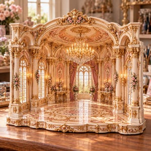 May include: A miniature room diorama featuring an ornate cream and gold structure with arched windows, Corinthian columns, and floral accents. A crystal chandelier hangs from the ceiling above a patterned floor with pink rose motifs.