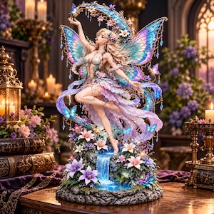 Può includere: Una statuetta di fata con grandi ali iridescenti blu e viola, che indossa un abito decorato con fiori. La figura si erge sopra una piccola cascata e uno stagno, circondata da fiori viola e rosa, con farfalle che accentuano la scena.