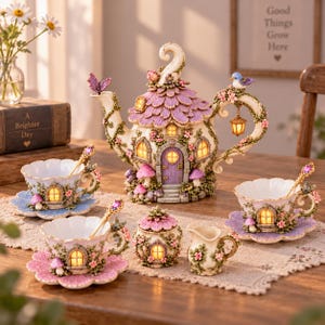 May include: A decorative tea set featuring a teapot shaped like a cottage with a purple roof, two teacups with saucers, a lidded sugar bowl, and a creamer. Each piece is adorned with floral details, miniature windows, and small mushrooms.