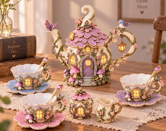 May include: A decorative tea set featuring a teapot shaped like a cottage with a purple roof, two teacups with saucers, a lidded sugar bowl, and a creamer. Each piece is adorned with floral details, miniature windows, and small mushrooms.