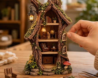 May include: A miniature tree-shaped bookshelf structure with three levels, featuring textured bark, green foliage, and a hanging lantern. The interior contains tiny books, a globe, a lamp, a chair, and a cabinet. A red mushroom sits at the base.