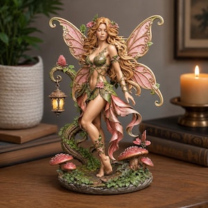 May include: A fairy figurine with long wavy hair, large pink wings, and a green leaf-patterned outfit. The figure stands on a base with red mushrooms and a vine-wrapped lantern that emits a warm yellow light, accented with small pink flowers.