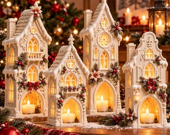 May include: A set of four cream-colored ceramic house-shaped candle holders with arched windows, snow-dusted roofs, and festive red berry and green leaf accents. Each structure features a hollow base containing a lit white tea light candle.