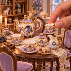 Könnte beinhalten: Ein Miniatur-Teeservice aus Porzellan mit Teekanne, Milchkännchen, Zuckerdose und drei Tassen mit Untertassen. Das Set ist mit einem Himmelsmotiv verziert, das goldene Mondsicheln, Sterne und Wolken auf einem violetten und cremefarbenen Hintergrund zeigt.