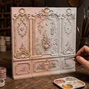 May include: A square decorative panel featuring intricate relief carvings of floral motifs, hearts, and a central vase of flowers. The surface displays a gradient of soft pink and white tones with gold accents, showcasing detailed molding and scrollwork.