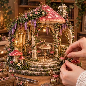 妖精の庭のガゼボ STL、キノコの家 3D プリント、魔法の庭のジオラマ、ファンタジー ドールハウス ミニチュア、妖精の庭の装飾