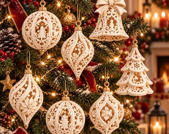 May include: A collection of cream-colored, intricate laser-cut Christmas ornaments hanging from a pine tree. The set includes spherical, teardrop, and bell-shaped designs featuring cutouts of pine trees, snowflakes, and reindeer motifs.
