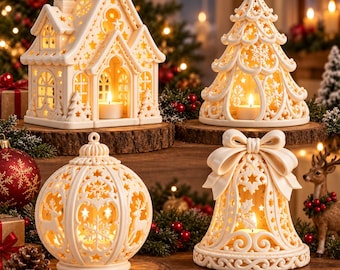 May include: A collection of four cream-colored ceramic holiday luminaries featuring intricate cut-out designs of stars, snowflakes, reindeer, and holly. The set includes a house, a Christmas tree, a round ornament, and a bell, each holding a candle.