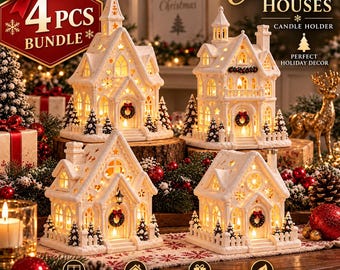 May include: A set of four white ceramic-style Christmas house candle holders featuring intricate cut-out star and snowflake patterns, arched windows, and miniature wreaths on the front doors. Each structure is illuminated from within.