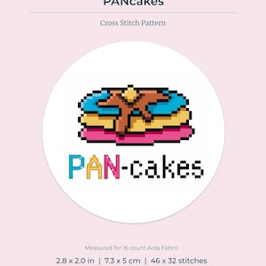 May include: Cross stitch pattern of a stack of pancakes with a brown drizzle on top. The text "PAN-cakes" is written below the pancakes in a circle. The pattern is measured for 16 count Aida fabric and is 2.8 inches by 2 inches, or 7.3 centimeters by 5 centimeters. It is 46 stitches by 32 stitches.